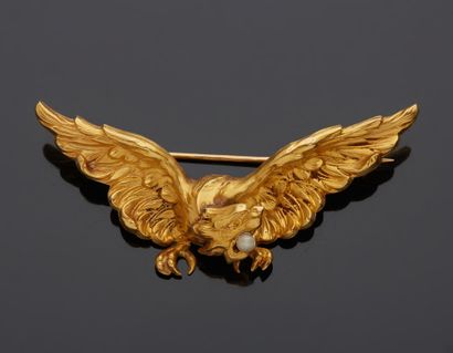 null Broche en or jaune 18K 750‰, en forme d’aigle à tête de chimère et perle de...