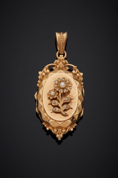 null 18K yellow gold 750‰ medallion pendant, oval shape adorned with a flower adorned...