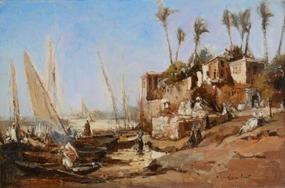 null French school of the Xth century 

Port in North Africa

Oil on panel. 

Signed...