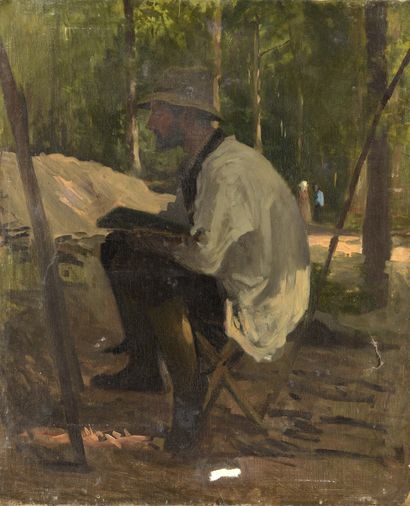 null French school around 1900

Painter and his easel in an undergrowth

Oil on canvas.

61...