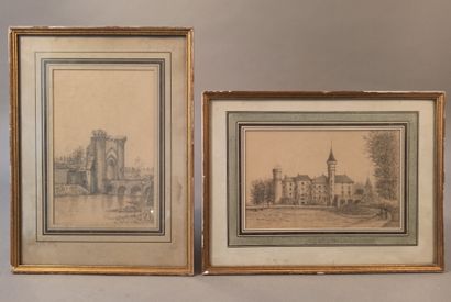null French school of the 19th century 

Landscapes with a castle 

Two pencils on...