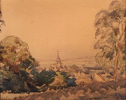 null HOULON (Xxème) 

Church tower by the sea, 1932 

Watercolor. 

Signed and dated...