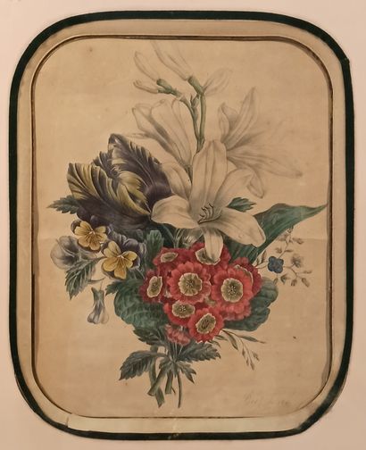 null Ecole française du XIXe siècle 

Bouquet de fleurs aux lys et myosotis 

Aquarelle...