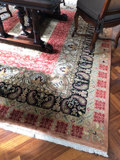 null Carpet with floral decoration, five friezes on a red, blue and cream background,...