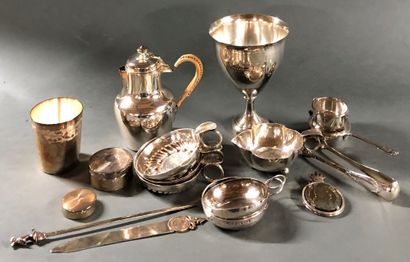 null Silver lot including : 


- a cup


- a coffee pot


- a timbale with a number...