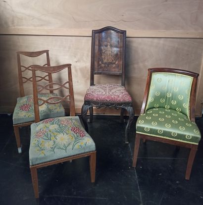 null Lot including: a pair of chairs upholstered with a floral tapestry, a chair...