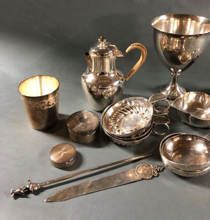 null Silver lot including : 


- a cup


- a coffee pot


- a timbale with a number...
