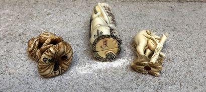 null Lot including:


- Warthog or hippopotamus tooth netsuke, featuring the witch...