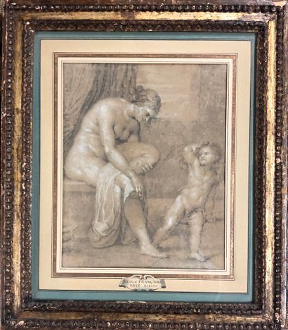  French school of the 17th century 
Bather and putto 
Black pencil and white chalk...