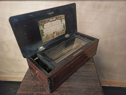 Music box with 4 tunes. Blackened wood case...
