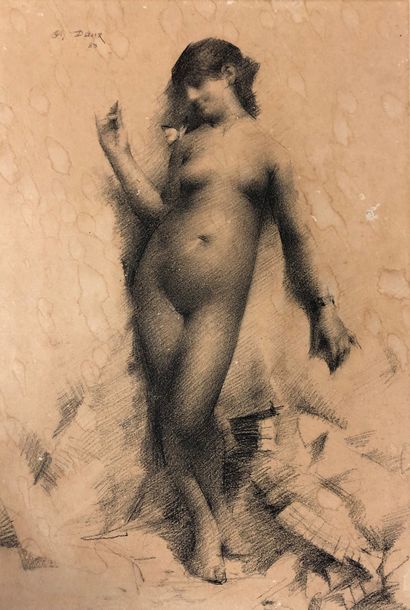  Charles DAUX (1855-1937) 
Female Nude with Butterfly 
Pencil on paper 
Signed and...