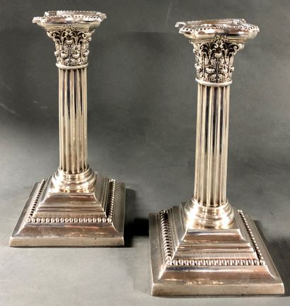 null Pair of English silver torches forming fluted corynthian columns with pearl...