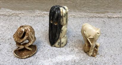 null Lot including:


- Warthog or hippopotamus tooth netsuke, featuring the witch...