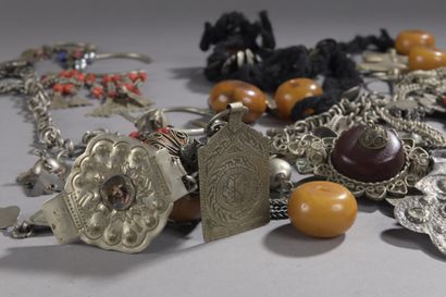 null Lot of ethnic metal jewelry including three necklaces, three fibulas, three...