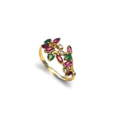 null An 18K yellow gold floral ring set with diamonds, emeralds and rubies.

Finger...