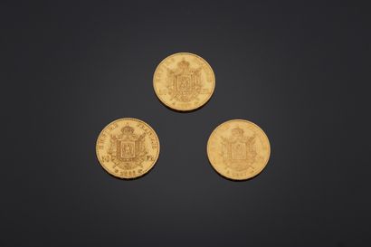 null 3 pièces de 50 francs en or Napoléon III, datées 1855, 1857 et 1866.

Poids...