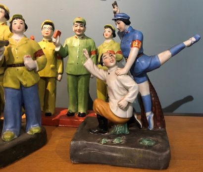 null Set of seven polychrome Chinese porcelain groups on the subject of Maoist propaganda...