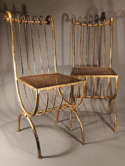 Pair of chairs in gilded metal, openwork...