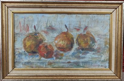 null Lot including :

- J. GIRARD. 

Still life with fruits.

Oil on canvas

Signed...