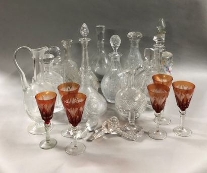  Mannette including sixteen carafes out of glass and crystal, some cut, of which...