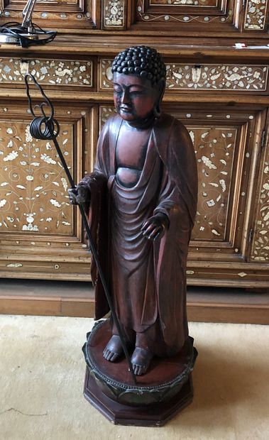 Painted wood and red lacquer Buddha on a...
