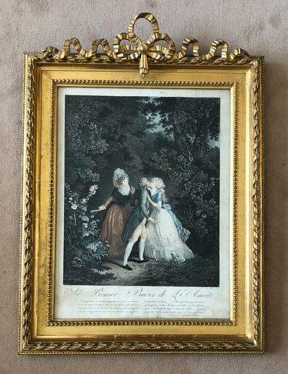 null Deux gravures en couleurs dans un cadre en bois doré Louis XVI enrubanné

L’Elysée...