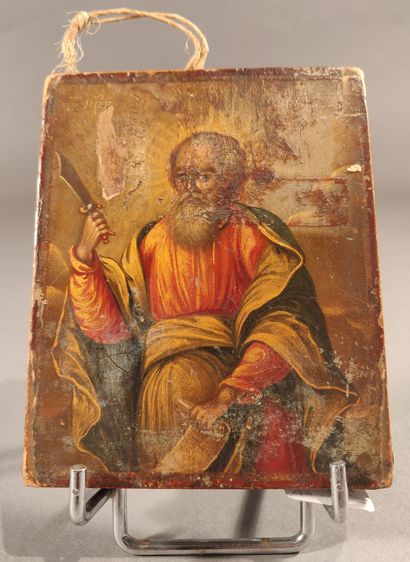 null Bifacial icon of Saint Mina and Saint Elijah. 

Tempera on wood, the face showing...