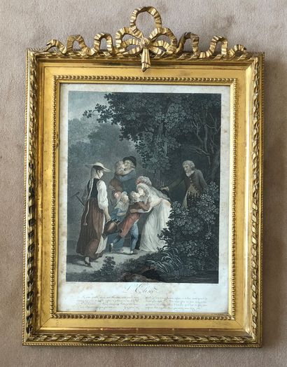 Two color engravings in a gilded wood frame...