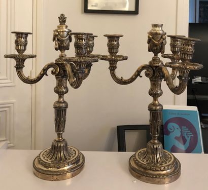 Pair of candelabras with four silvered bronze...