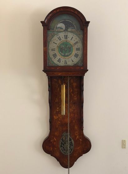 null Wall clock in the form of a gendarme hat in wood inlaid with a flowering vase,...