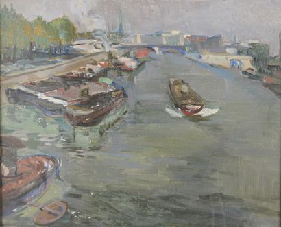 H. FERIGNAC (XXth) 
Barge on the Seine 
Oil...