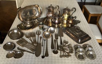  Lot including: 
- In silver plated metal: 
	Tea-coffee service including a teapot,...