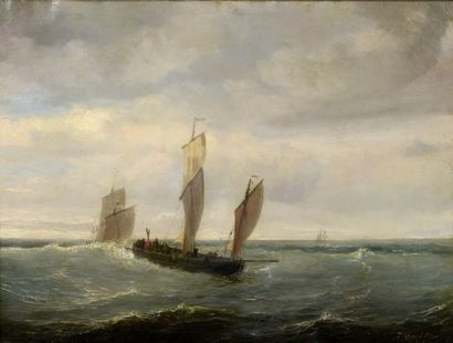  Théodore GUDIN (1802-1880) 
Sailboat at sea in grey weather 
Oil on canvas. 
Signed...