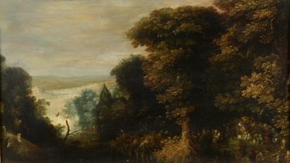  FLEMISH school following Abraham GOVAERTS 
View of a forest by the river 
Oak panel....
