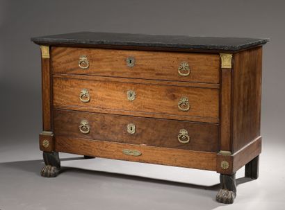 A mahogany veneered COMMODE with three drawers,...