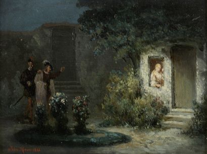 null John HOVE (XIXe)

Faust et Marguerite, 1864 

Huile sur panneau.

Signée et...