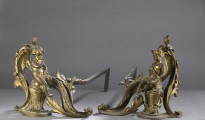 PAIR OF bronze CHENETS decorated with two...