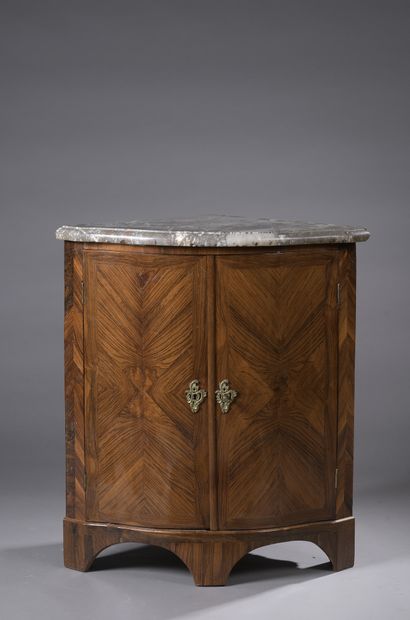 null CHEST with curved front opening to two doors in violet veneer. Breche marble...