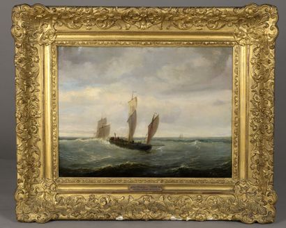  Théodore GUDIN (1802-1880) 
Sailboat at sea in grey weather 
Oil on canvas. 
Signed...