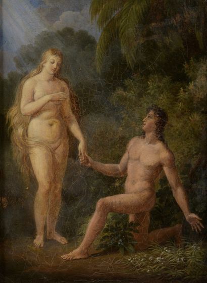null NEOCLASSIAN school 

Adam and Eve 

Oil on canvas. 

Annotations on the back...