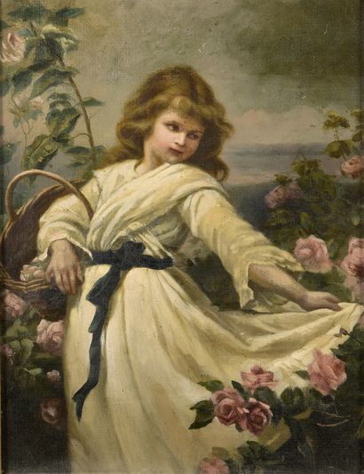 null École FRANÇAISE du début du XXe siècle 

Jeune fille cueillant des roses 

Huile...