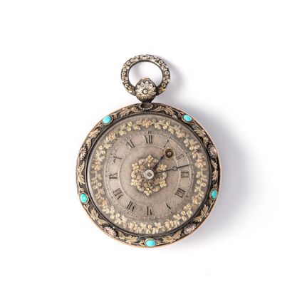 null Silver pocket watch 800‰ set with amethysts and turquoise.

Engravings representing...