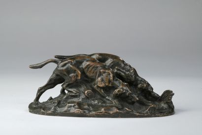  Antoine-Louis Barye (1795-1875) 
Deux chiens courants 
Bronze à patine brune 
Signé...