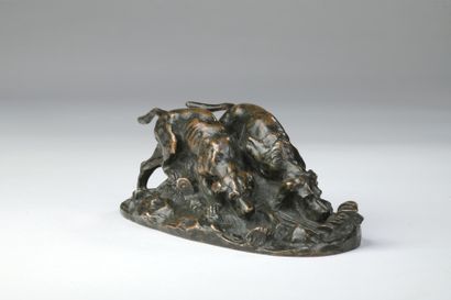  Antoine-Louis Barye (1795-1875) 
Deux chiens courants 
Bronze à patine brune 
Signé...