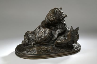  Paul-Edouard Delabrièrre (1829-1912) 
Bear fight 
Bronze with brown patina 
Signed...