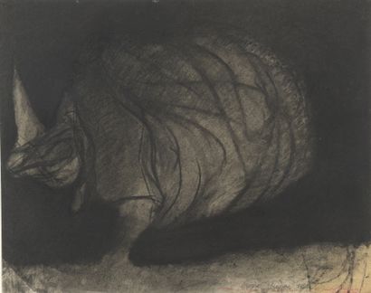  Sam SZAFRAN (1934-2019) 
Rhinocéros, 1960 
Fusain sur papier signé, titré, daté...