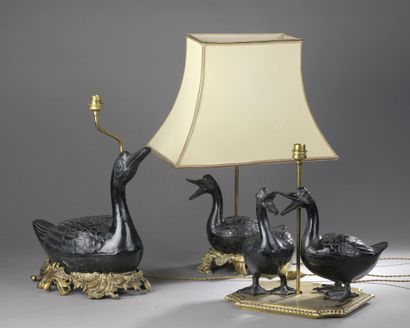 null SET comprising two ducks and a pair of ducks, in patinated bronze, on gilded...