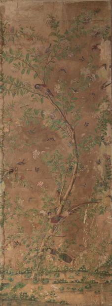 null SET OF TEN PAINTED PAPER PANELS, marouflaged on canvas with extreme oriental...