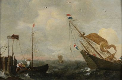  École HOLLANDAISE du XVIIe siècle 
Navires hollandais sur une mer agitée 
Panneau...