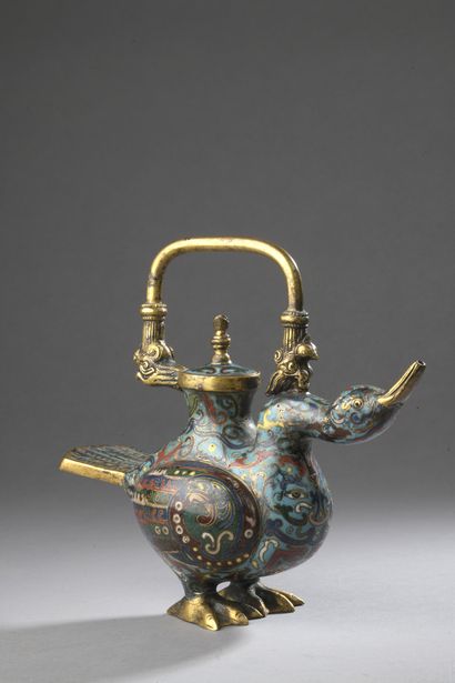 null Gilt bronze and cloisonne enamel JUG in the form of a standing duck, head raised,...